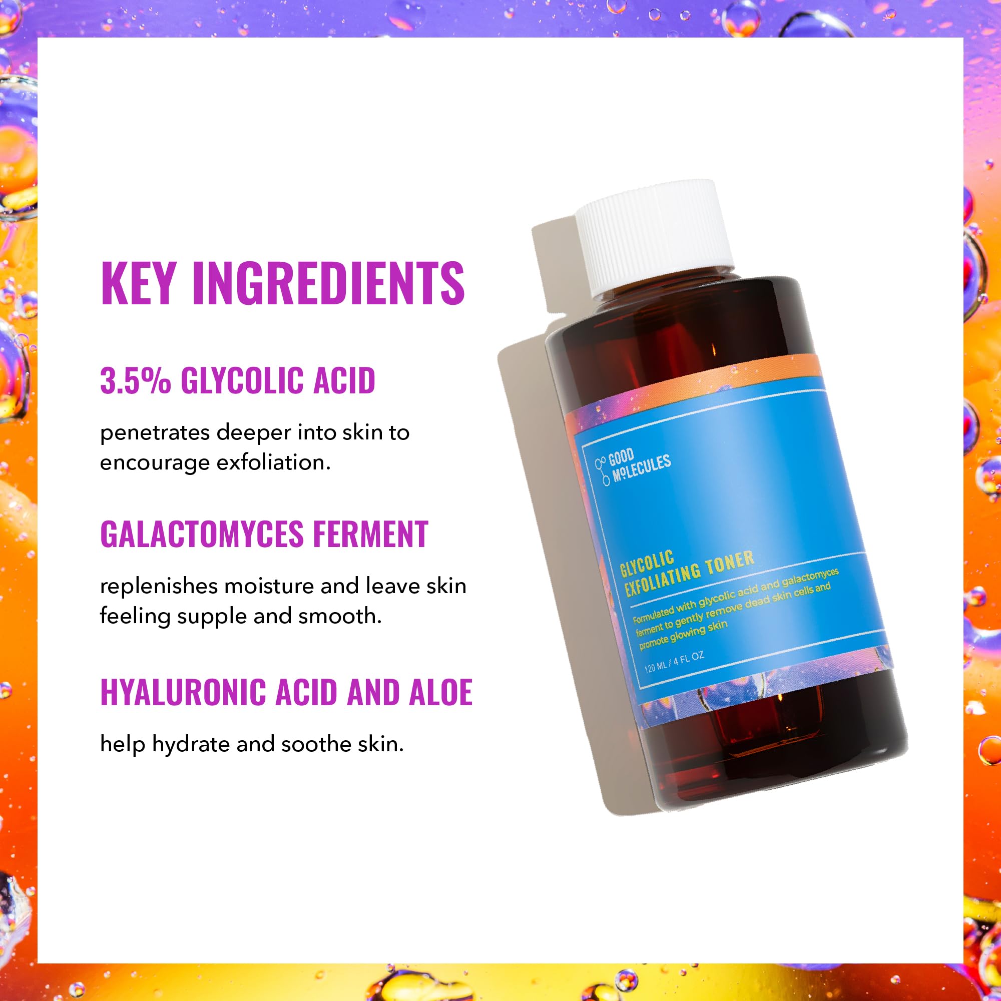 Good Molecules Glycolic Exfoliating Toner drops on skin show surface renewal potential