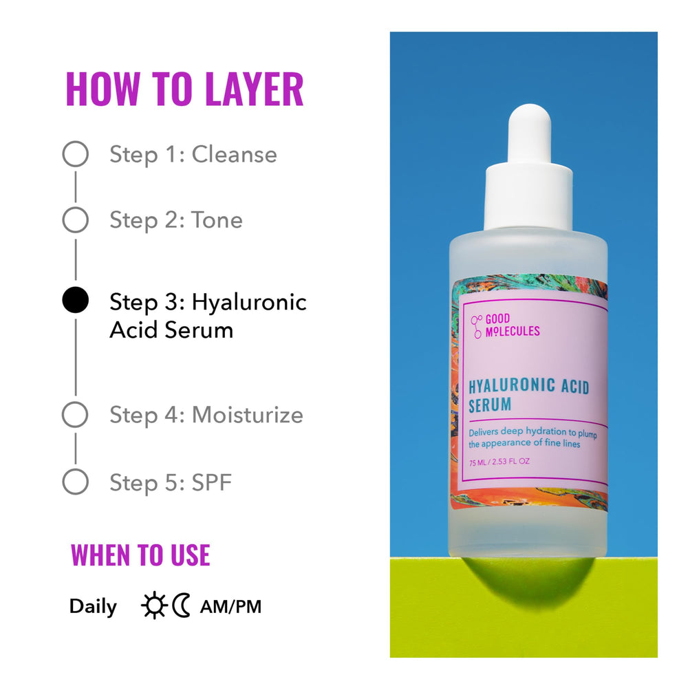 Good Molecules Hyaluronic Acid Serum damp skin application demonstrates faster absorption and reduced tackiness.
