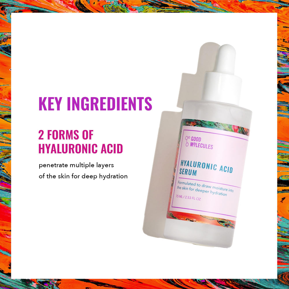 Good Molecules Hyaluronic Acid Serum label closeup highlights dual-weight HA benefits.