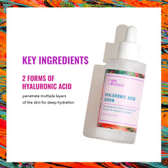 Good Molecules Hyaluronic Acid Serum label closeup highlights dual-weight HA benefits.