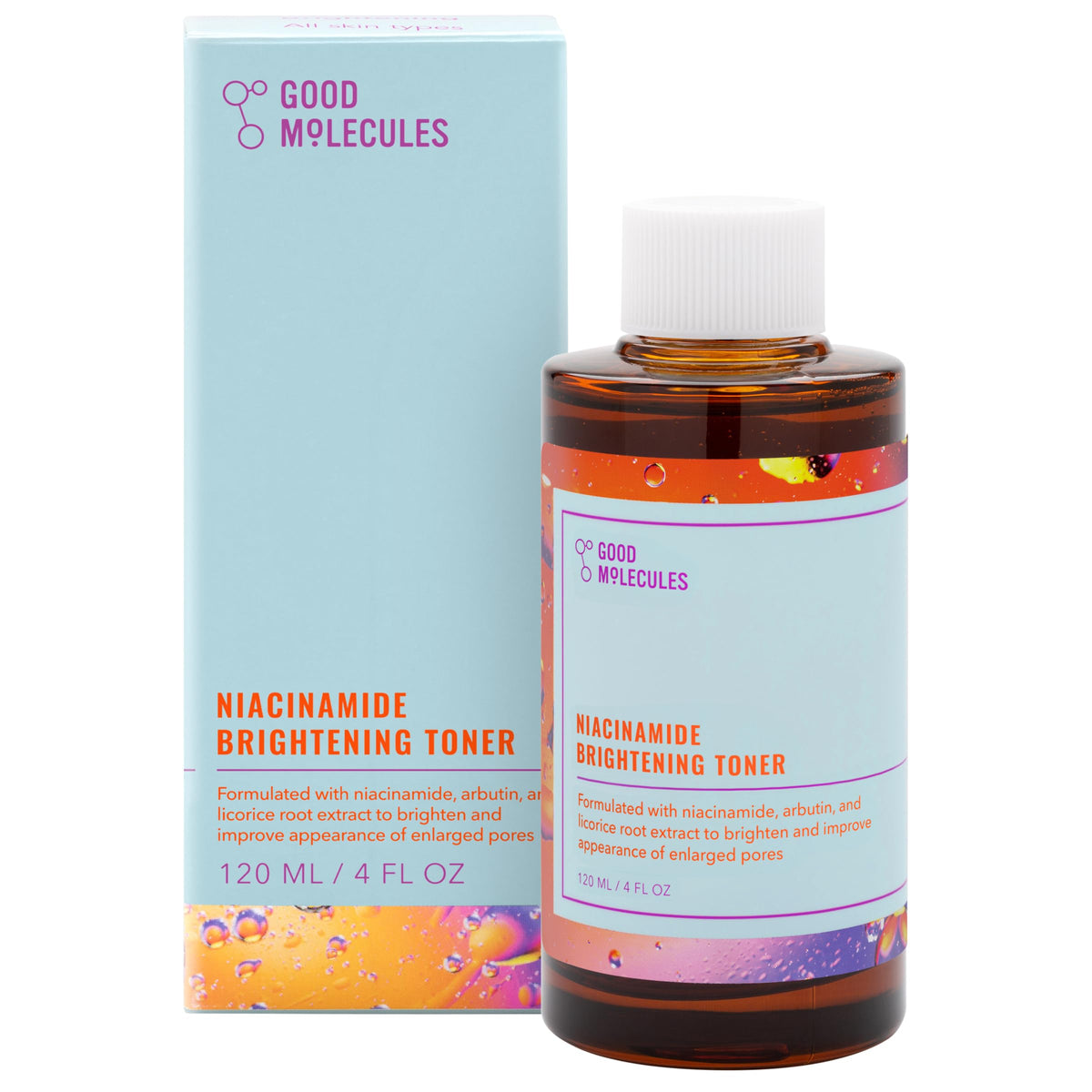 Good Molecules Niacinamide Brightening Toner bottle closeup emphasizes gentle alcohol-free formula for all skin types