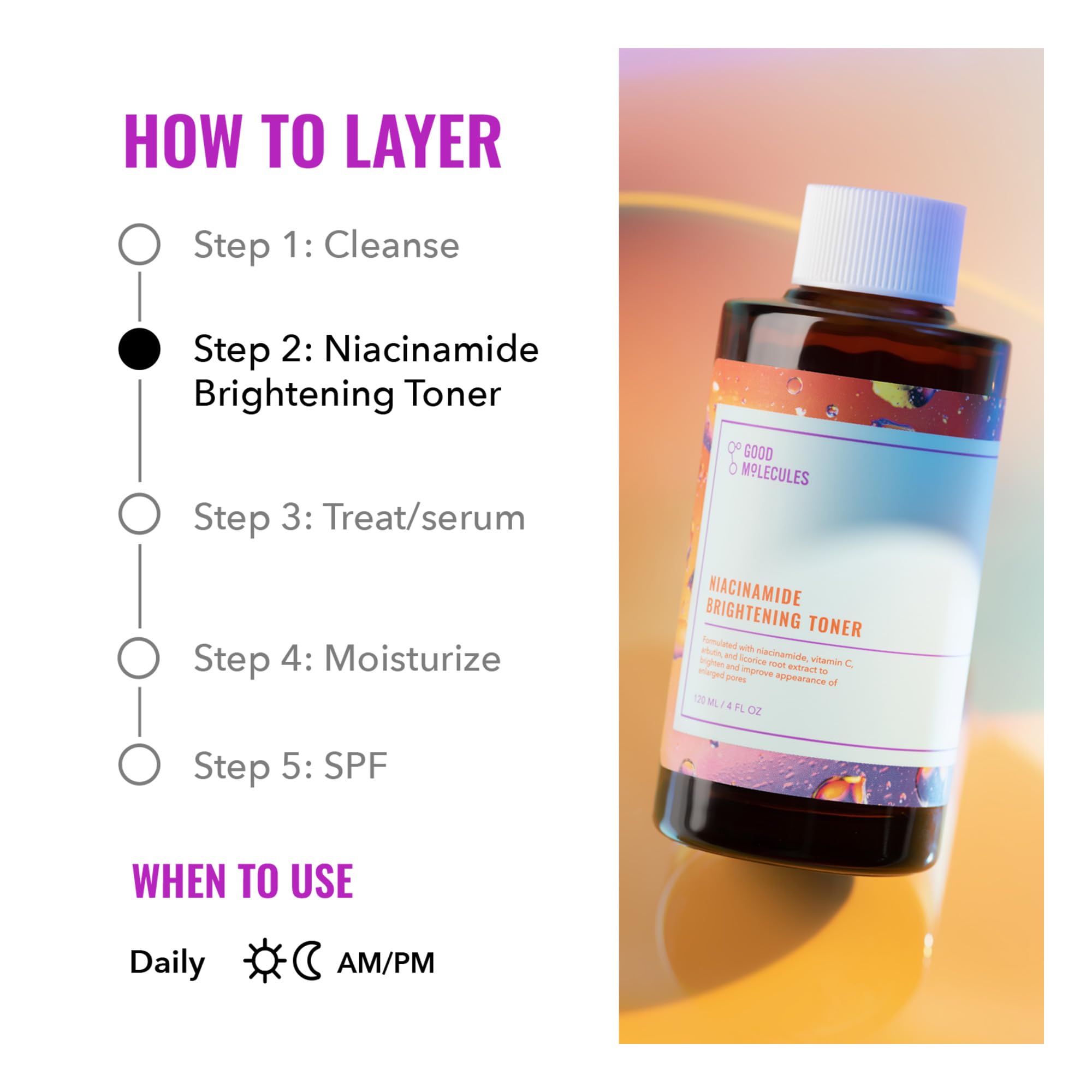 Good Molecules Niacinamide Brightening Toner packaging flat lay emphasizes easy integration into regimens