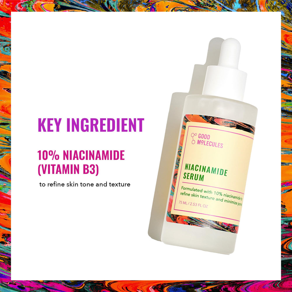 Good Molecules Niacinamide Serum on skin demonstrating even tone and refined pores