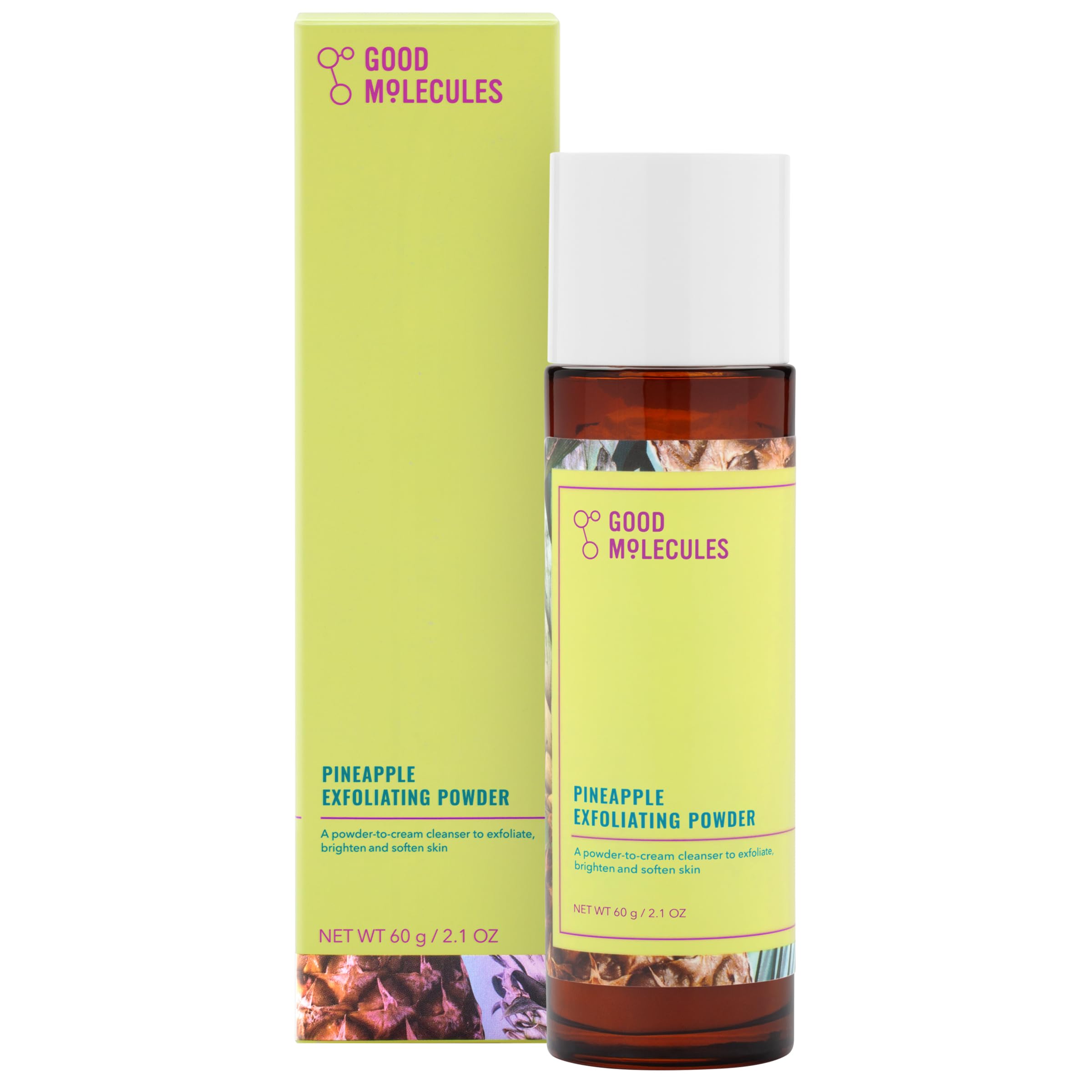 Good Molecules Pineapple Exfoliating Powder packaging promotes easy at home exfoliation