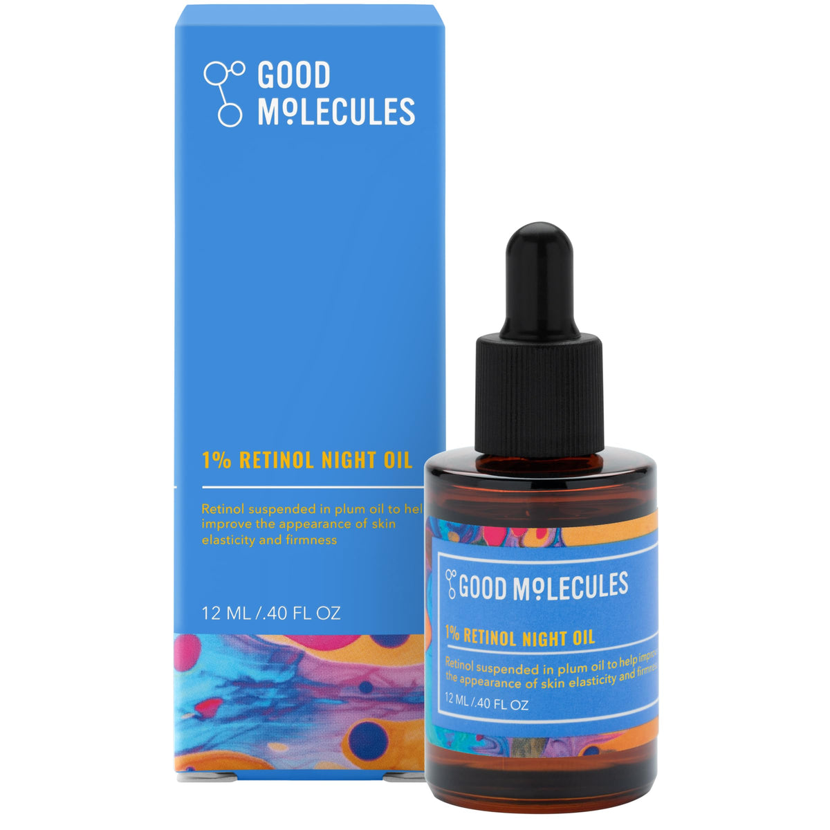 Good Molecules retinol night oil bottle, anti-aging care, smoother skin texture.
