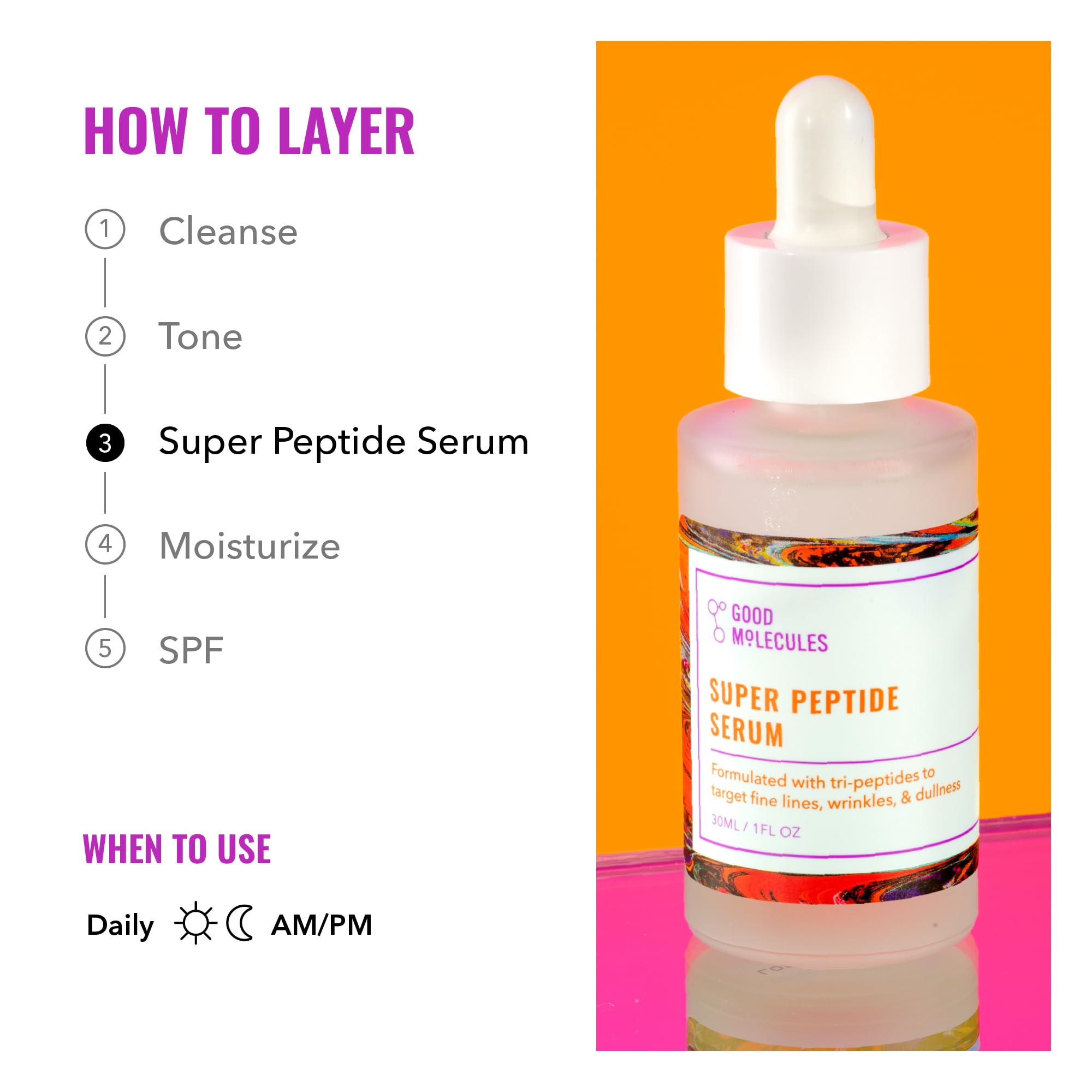 Good Molecules Super Peptide Serum bottle on shelf with vegan formula emphasis