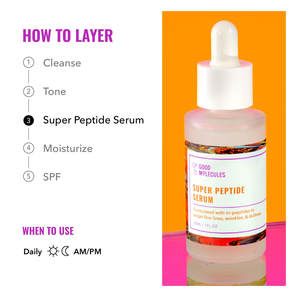 Good Molecules Super Peptide Serum bottle on shelf with vegan formula emphasis