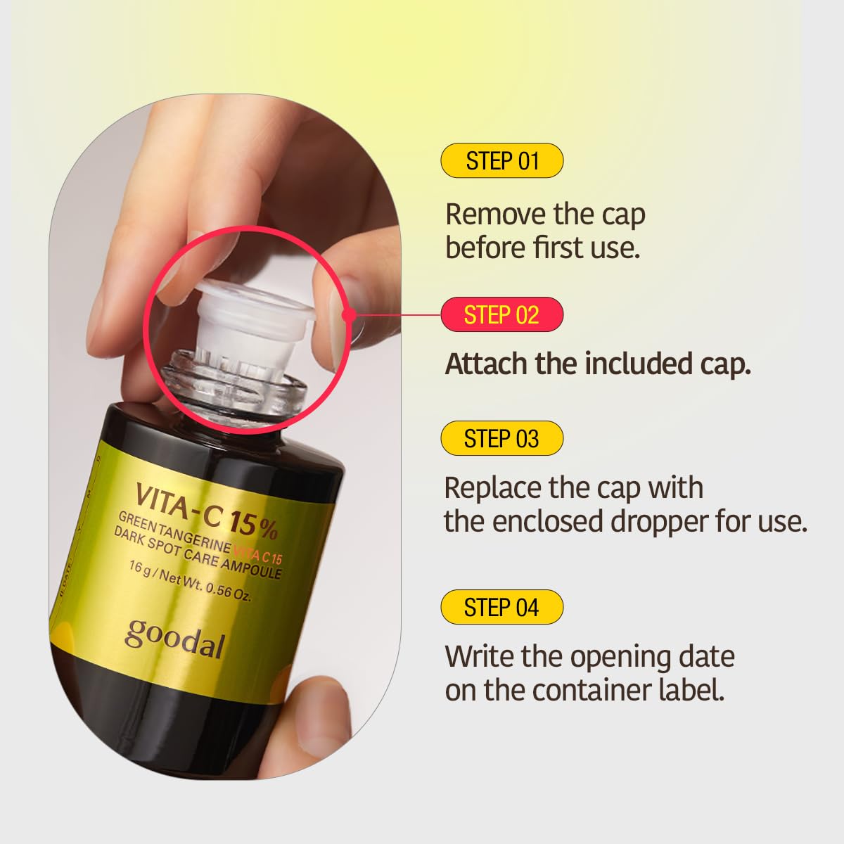GOODAL ampoule close-up shows compact bottle and premium Vitamin C formula.