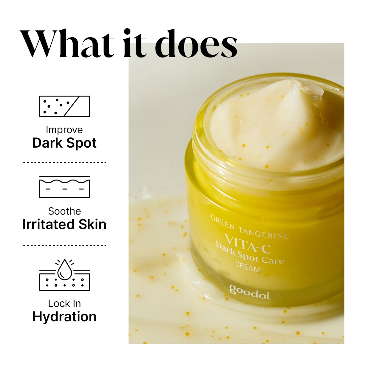 GOODAL Green Tangerine Vitamin C Cream application on skin emphasizes fast-absorbing formula