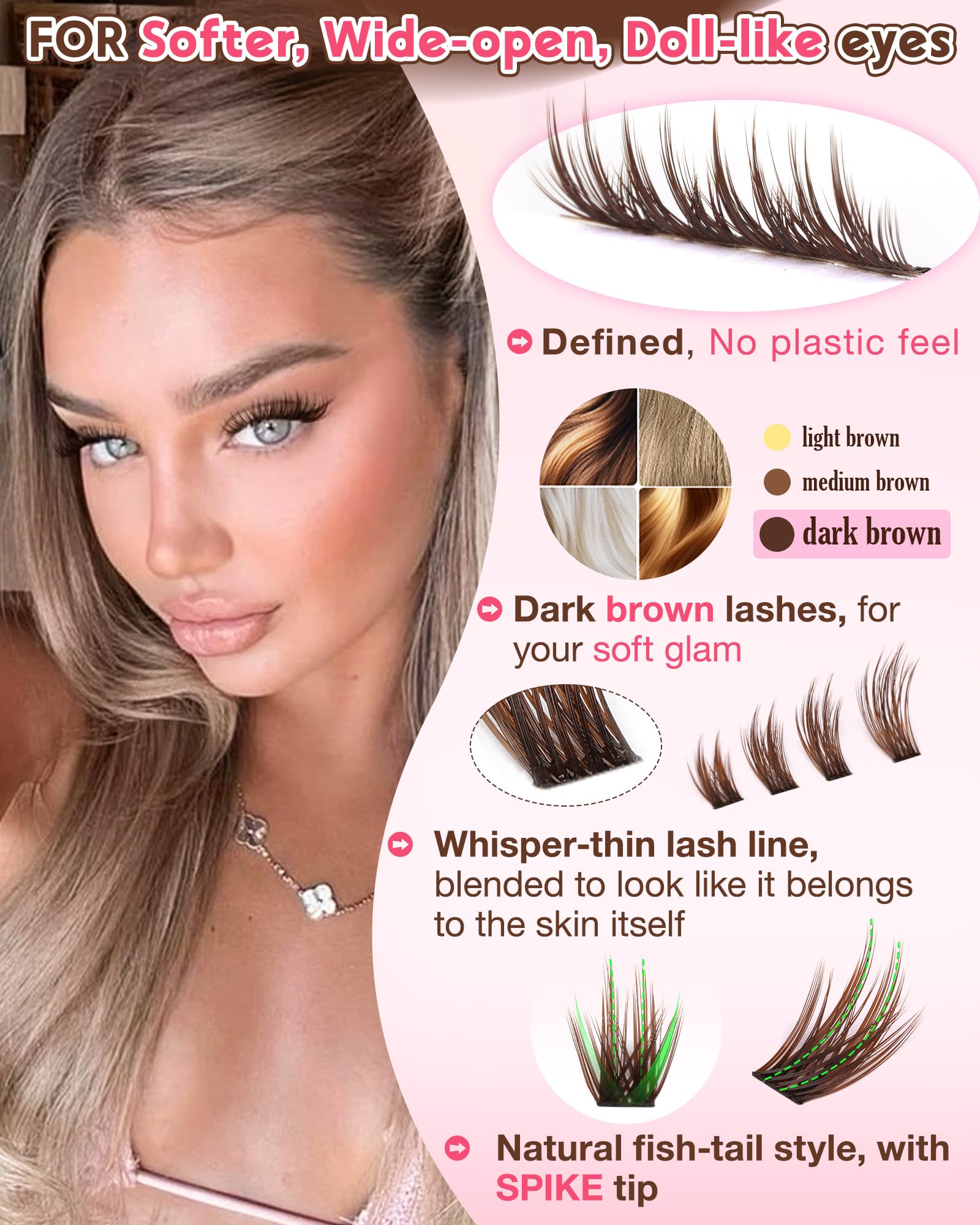 Goddvenus brown wispy lash clusters fish tail design close up for anime inspired lashes