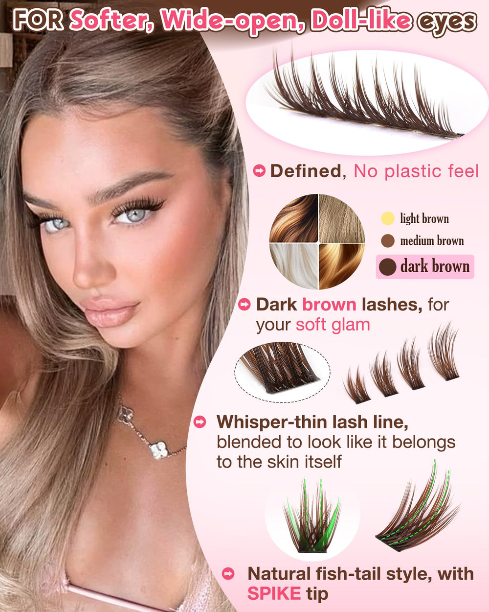 Goddvenus brown wispy lash clusters fish tail design close up for anime inspired lashes