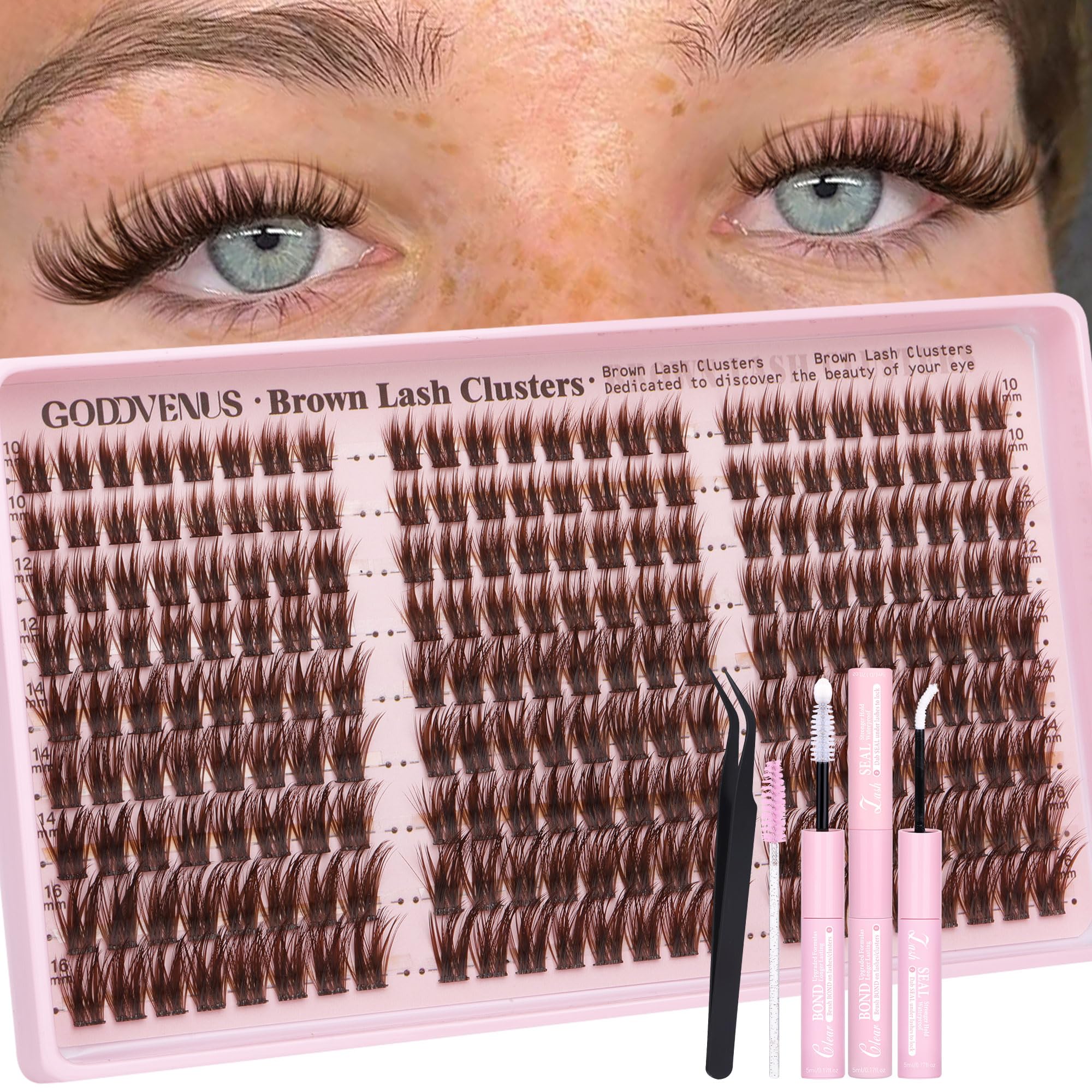 Goddvenus brown wispy lash clusters in packaging for a natural no makeup look