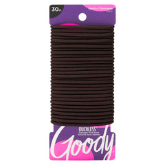 Goody Ouchless elastic close-up on brown hair showing gentle snag-free hold.