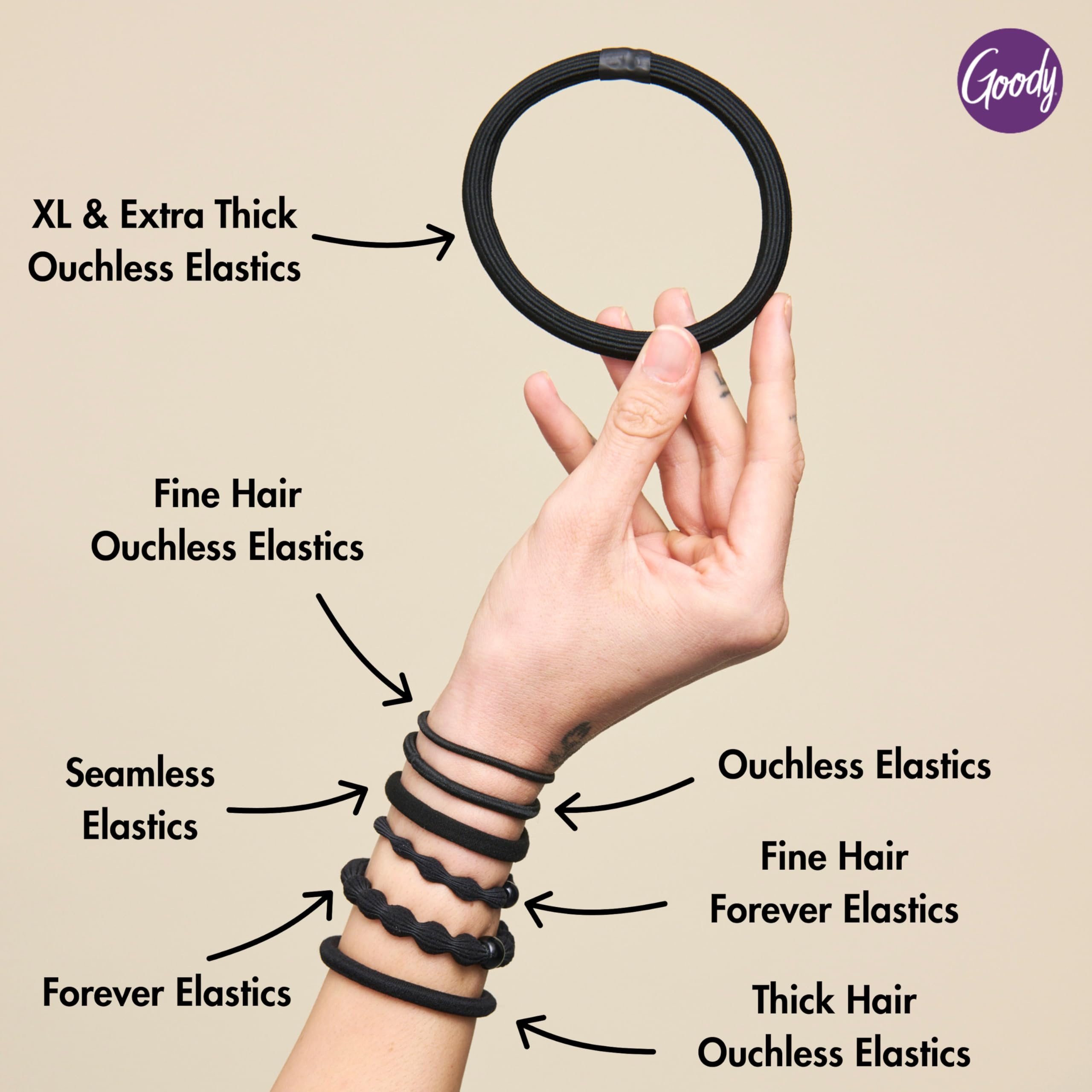Goody Ouchless elastic close-up highlighting no-damage grip on textured hair.