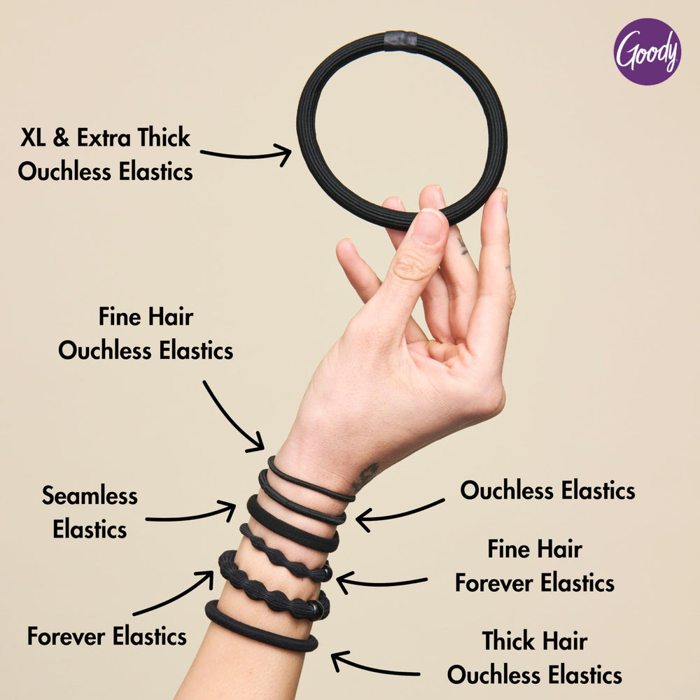 Goody Ouchless elastic close-up highlighting no-damage grip on textured hair.