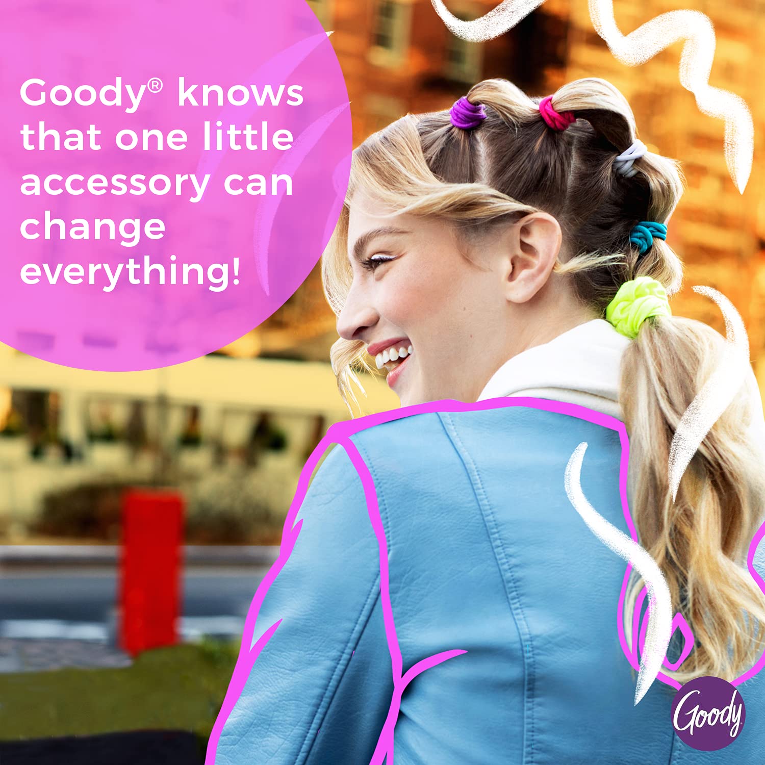 Goody Ouchless elastic worn by family member showing versatile everyday styling.