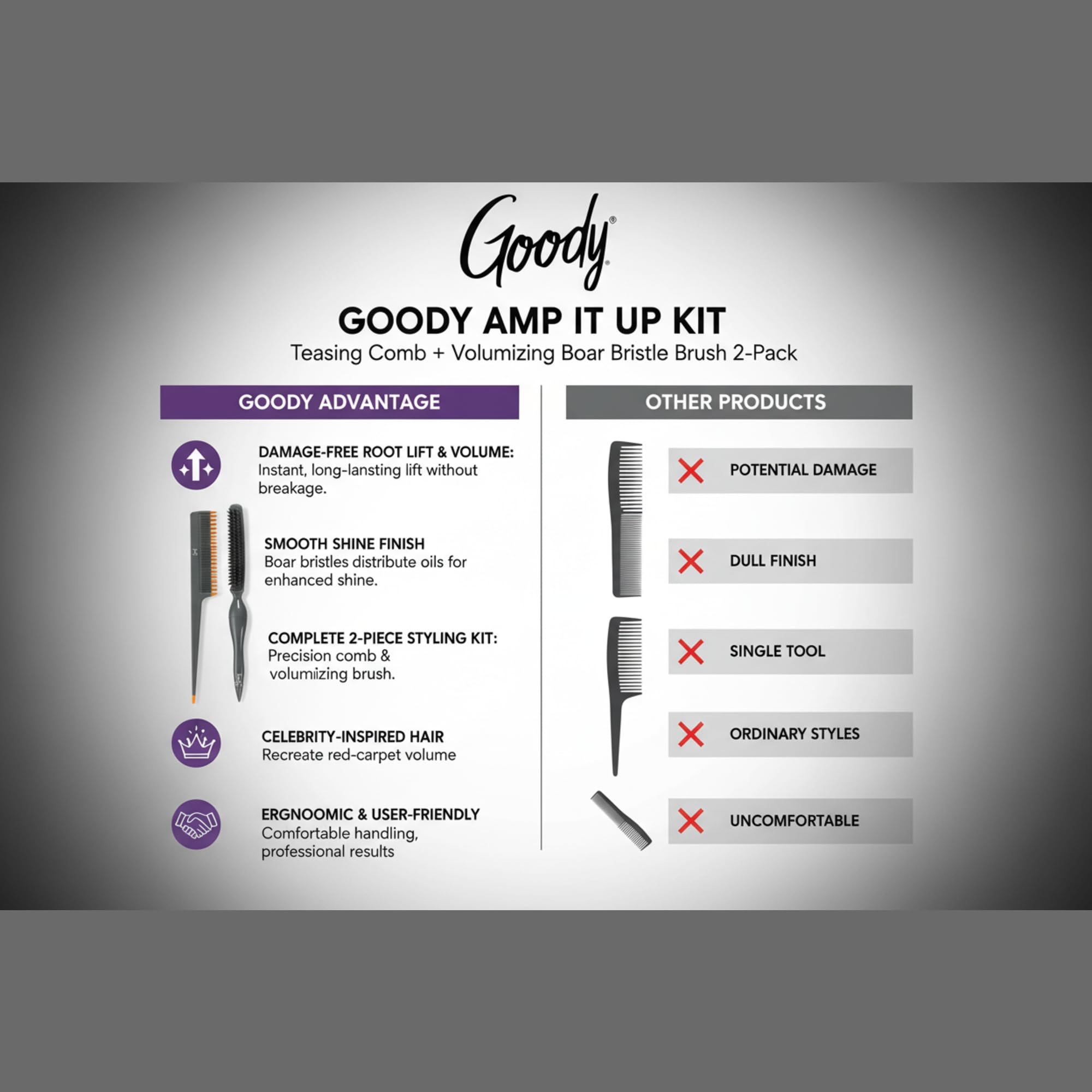 Goody Volume Boost texture-enhanced result in ponytail and updo