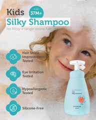 GOONGBE Kids' Silky Shampoo lather demonstrates soft shine for frizzy tangled hair after washing.