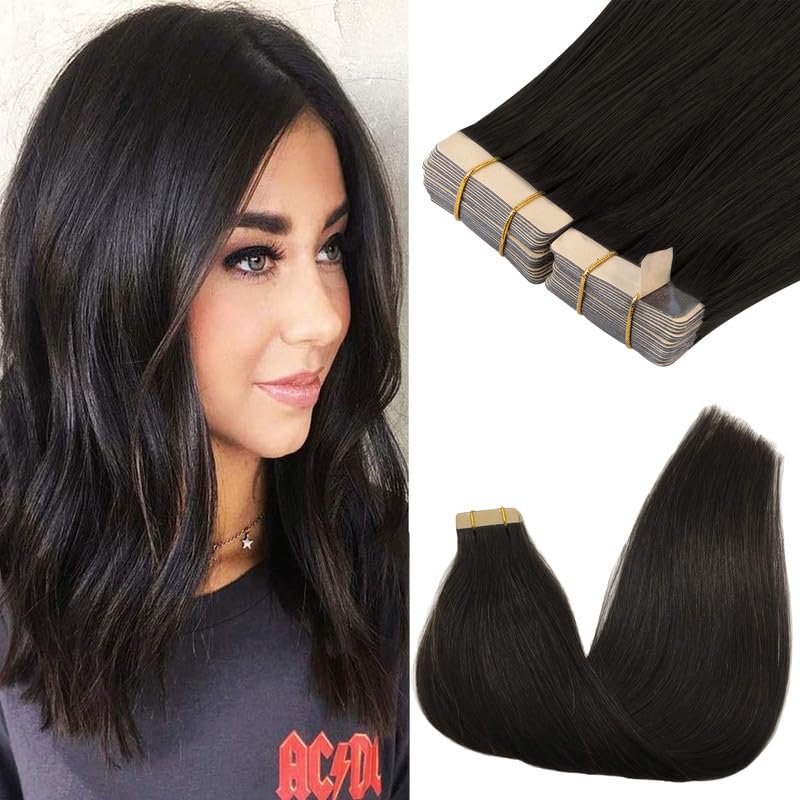 GOO GOO tape-in extensions in Remy hair provide natural black blend for long-lasting fullness.