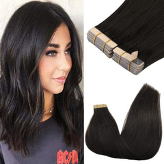 GOO GOO tape-in extensions in Remy hair provide natural black blend for long-lasting fullness.