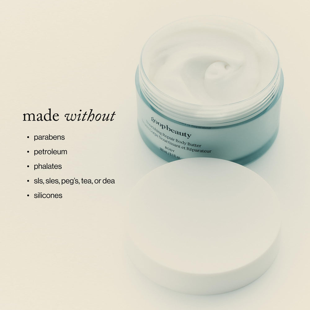 goop Beauty Body Butter demonstrating 72-hour moisture claim with smooth, firm-looking skin