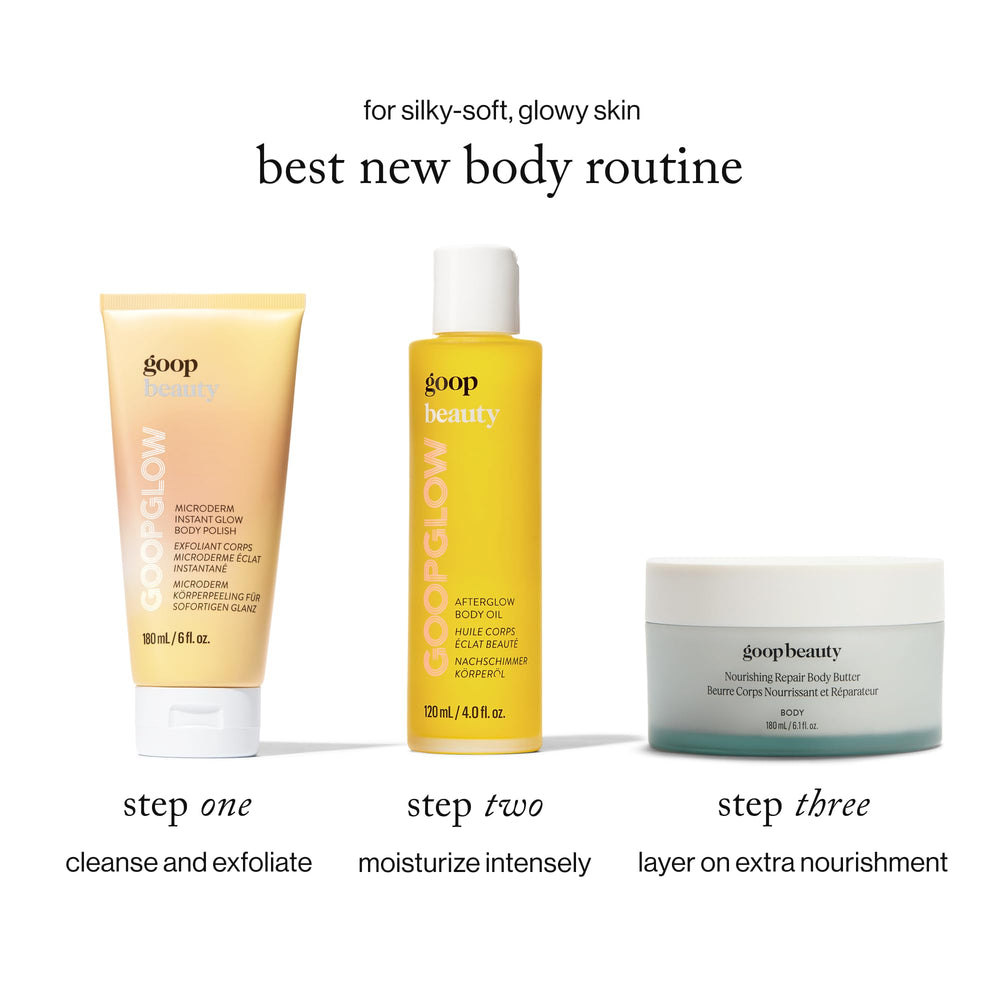 goop Beauty Body Oil on skin shows glow, smoothness, and baby-soft finish.