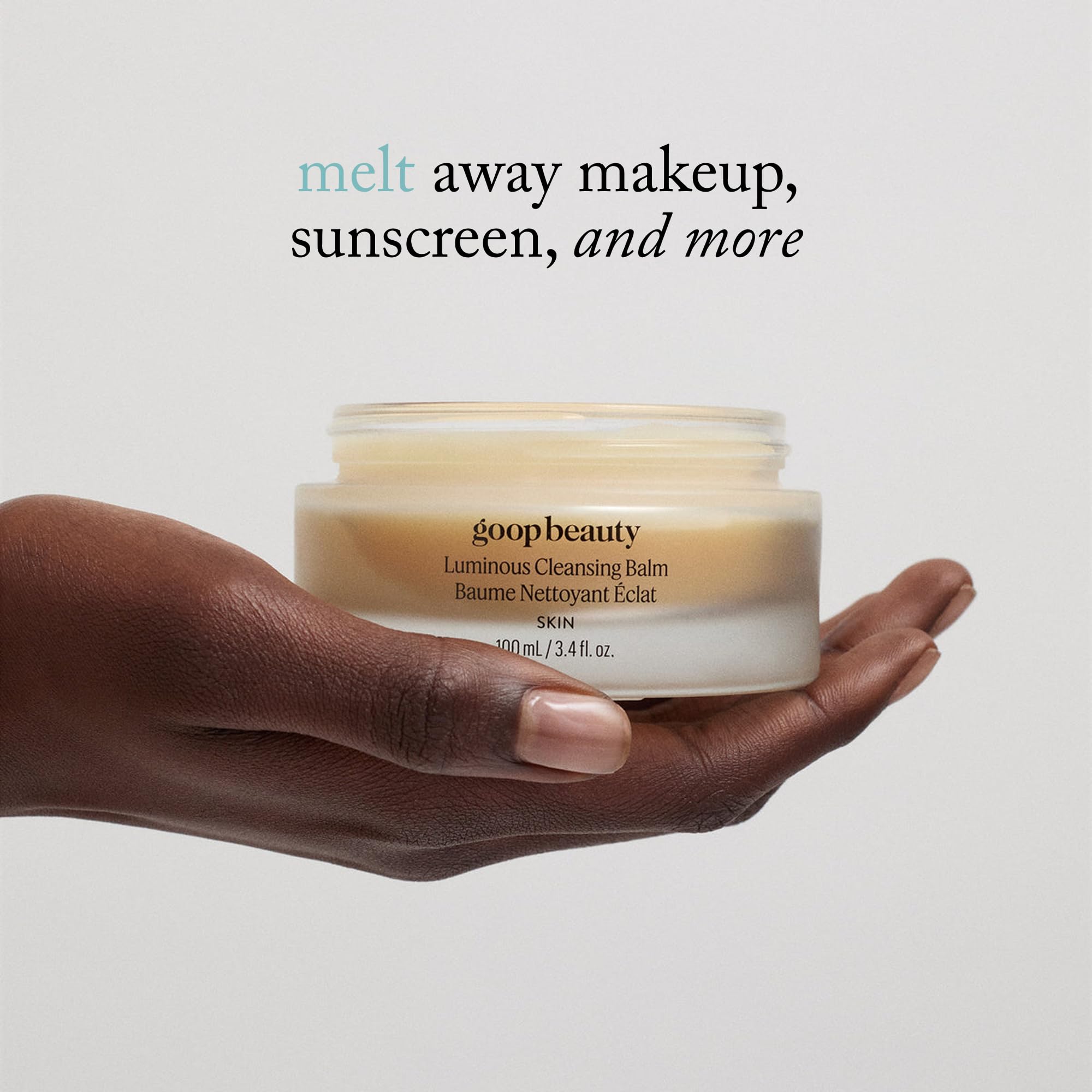 Goop cleansing cloth demonstrates safe use around eyes and lips with balm for gentle cleansing.