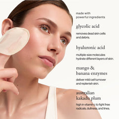 Close up of Goop Beauty glycolic pads ingredients highlighting fruit extracts and acids.