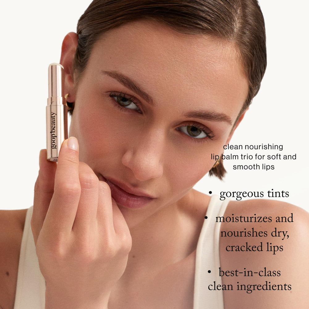 goop Beauty Lip Balm Trio clear close-up shows silky texture and long-lasting moisture.