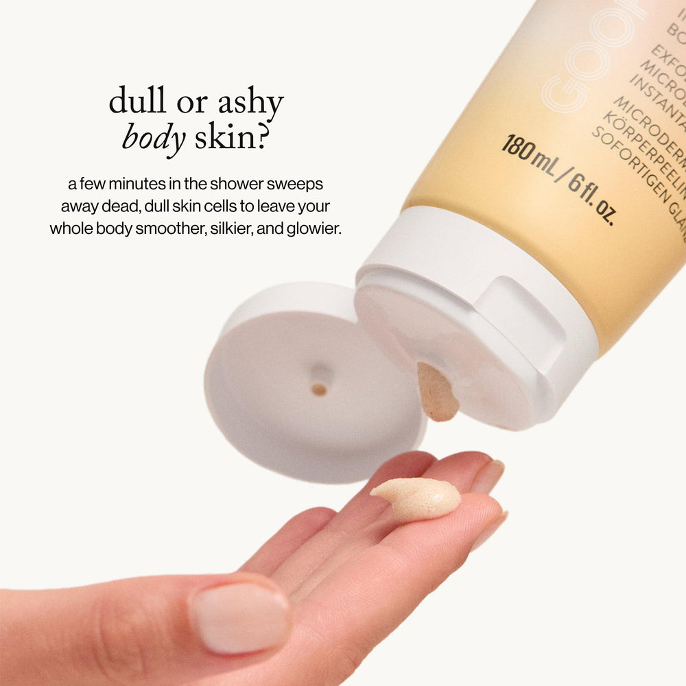 goop Beauty Microderm Body Polish kakadu-plum-seed-oil bottle shot hints at hydration benefits.