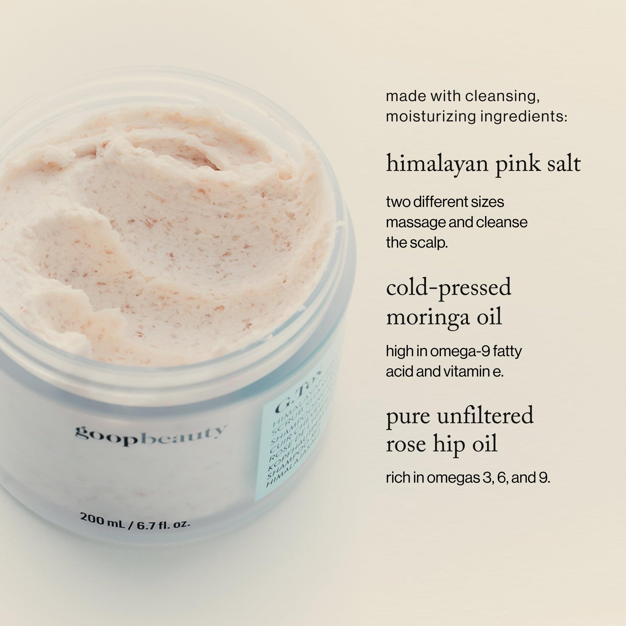 goop Beauty Scalp Scrub Shampoo with moringa oil nourishes scalp during cleansing and reduces dryness.