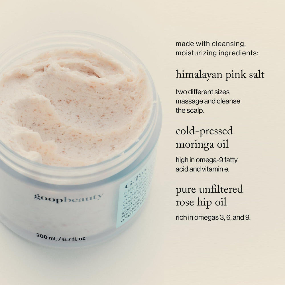 goop Beauty Scalp Scrub Shampoo with moringa oil nourishes scalp during cleansing and reduces dryness.