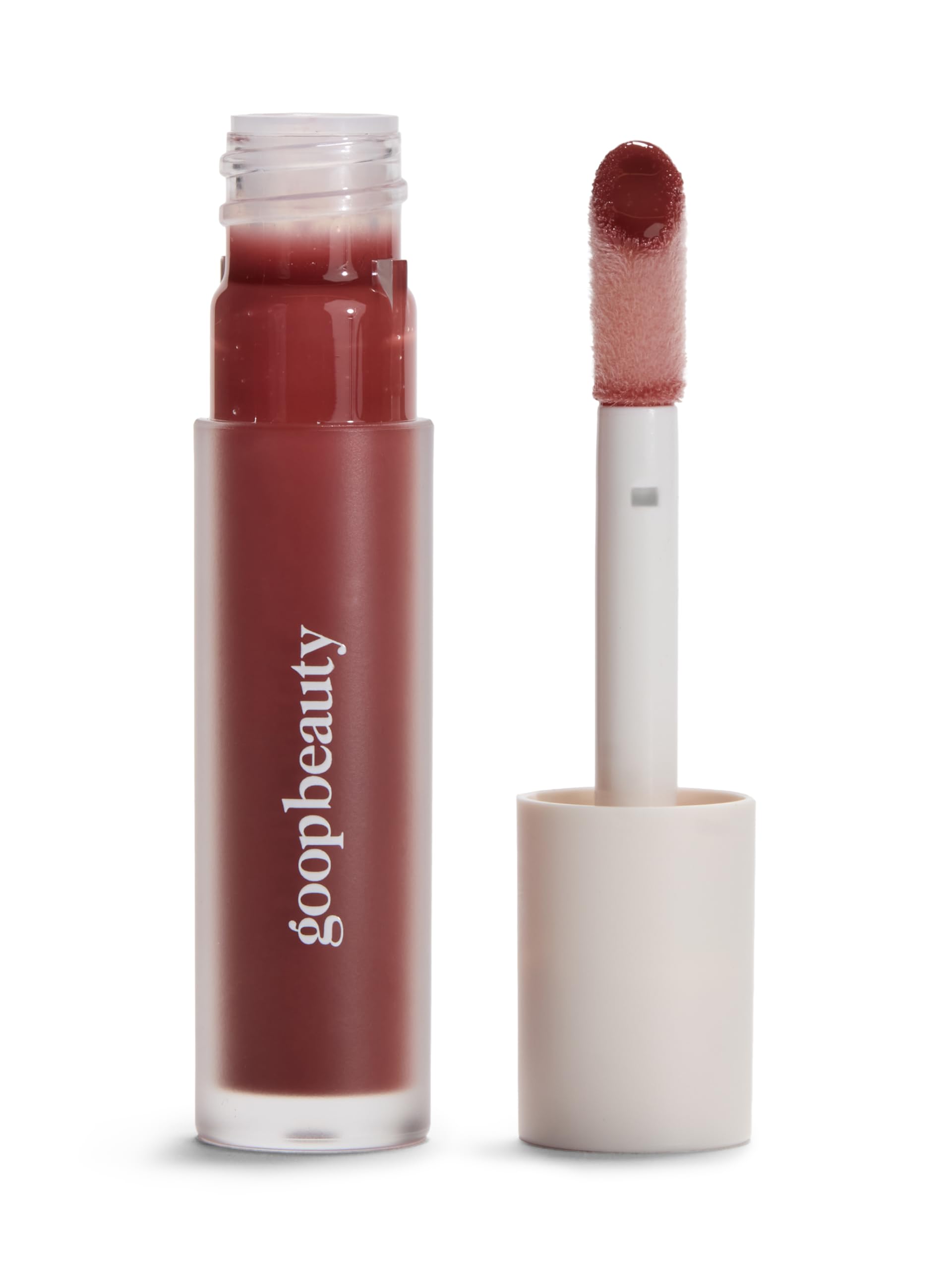 goop Hydra-Barrier Gel Gloss Spice tube closeup shows creamy texture and hydration on lips