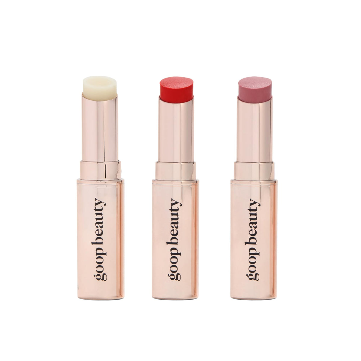 Goop lip balm trio box showcasing chic packaging for a hydrating lip routine.