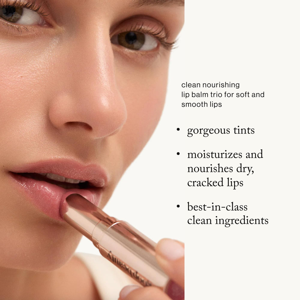 Goop lip balm trio clear balm twist demonstrates color-free hydration for everyday use.