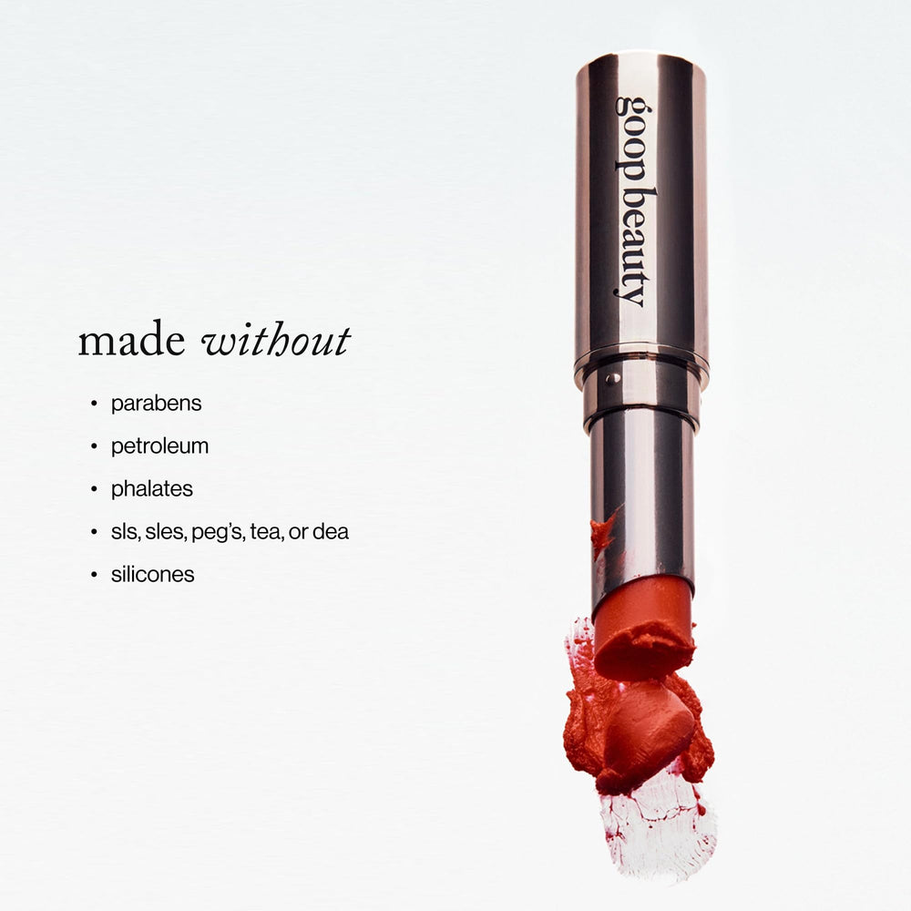 Goop lip balm trio tomato tinted-application provides clear red shade for subtle color.