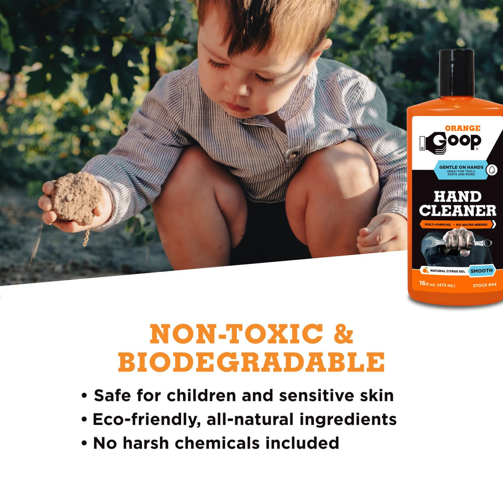 GOOP Orange Liquid biodegradable-safe formula image reinforces eco-friendly family cleaning.
