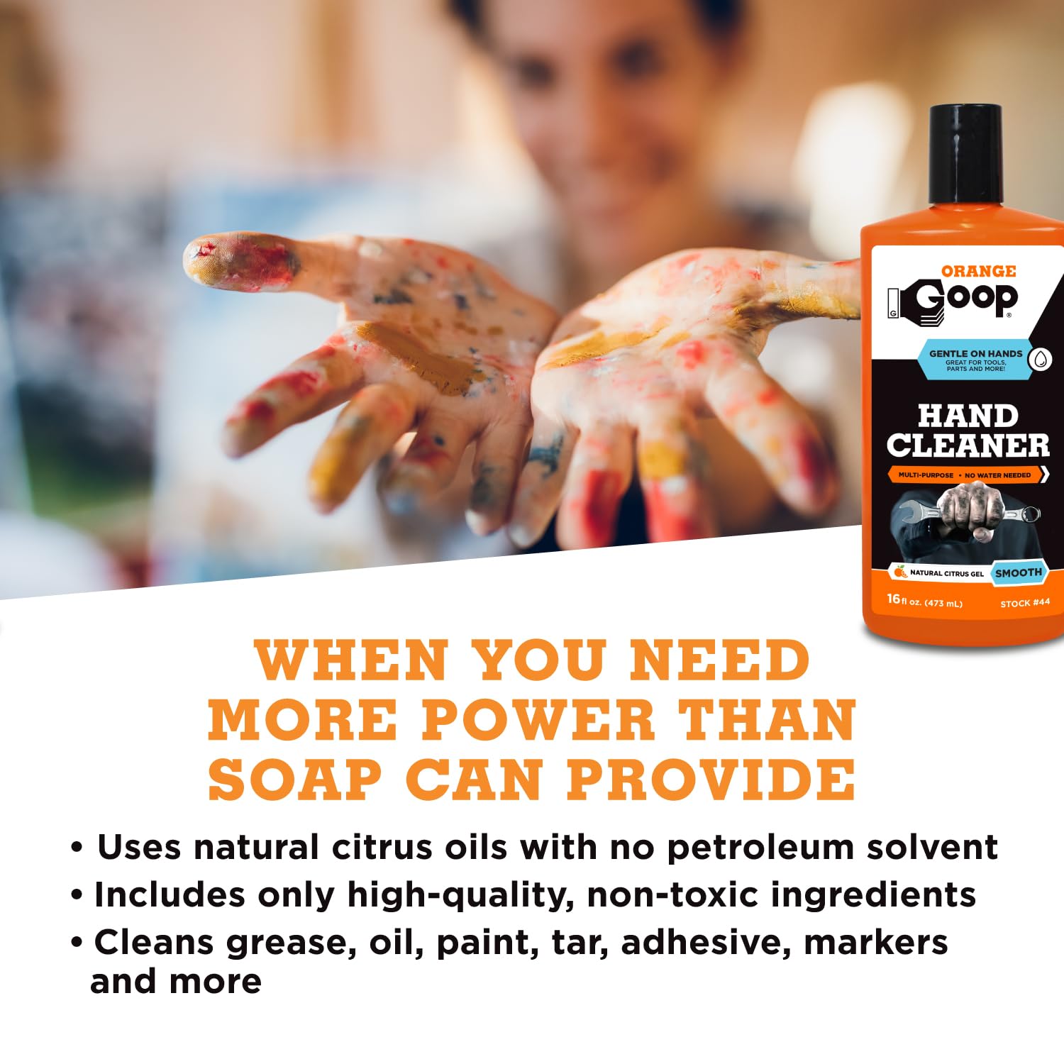GOOP Orange Liquid ingredients citrus extracts showcase natural cleaning power for hands.