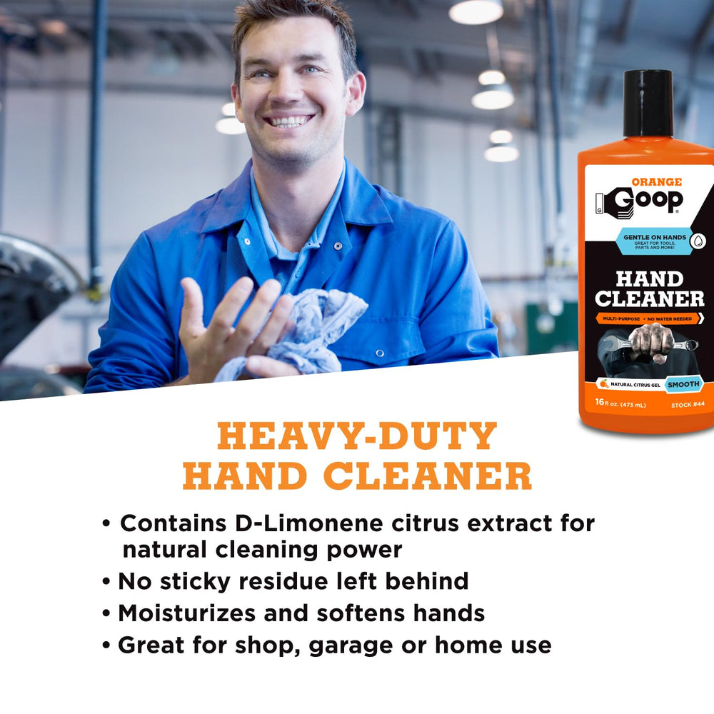 GOOP Orange Liquid in workshop scene illustrates versatile use on tools.