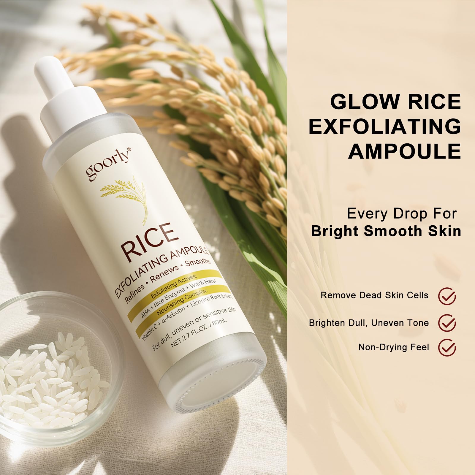 Goorly rice extract closeup highlights exfoliating particles and skin-smoothing potential.