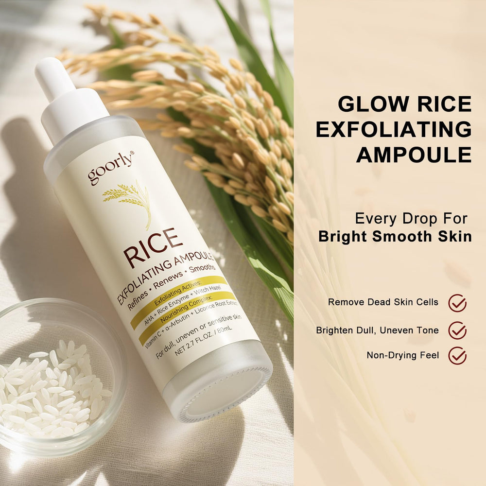 Goorly rice extract closeup highlights exfoliating particles and skin-smoothing potential.