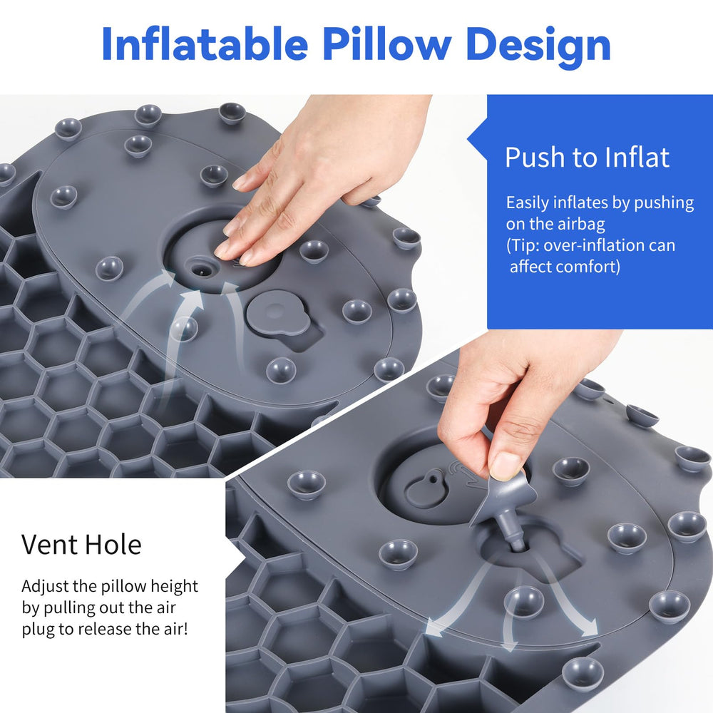 Goowin bath pillow inflatable airbag close-up indicates customizable height for relaxation.