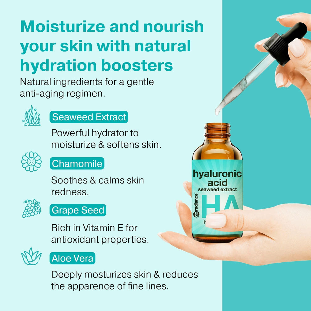 Go Radiance seaweed and chamomile botanicals highlight soothing hydration.