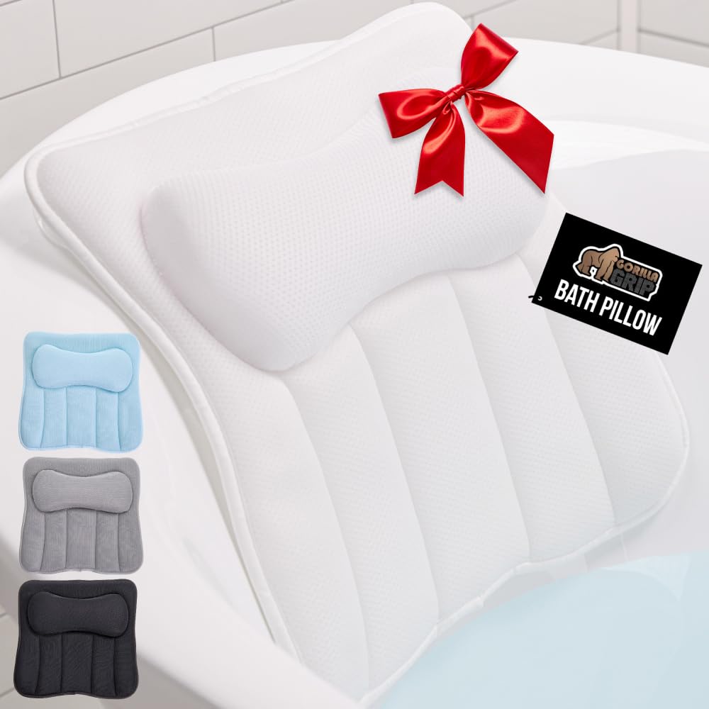 Gorilla Grip bath pillow with six suction cups securing stable soak and surface grip