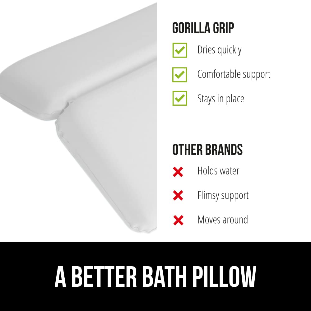 Gorilla Grip pillow shows compatibility with curved and straight tubs