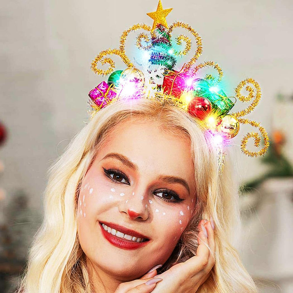 GORTIN Christmas headband closeup of decorative balls highlights playful holiday vibe