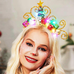 GORTIN Christmas headband closeup of decorative balls highlights playful holiday vibe