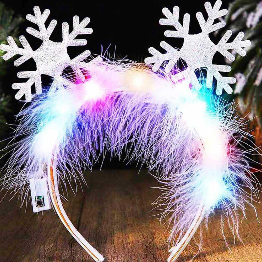 GORTIN LED snowflake headband feathers close-up shows glittery detail.