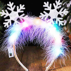 GORTIN LED snowflake headband feathers close-up shows glittery detail.