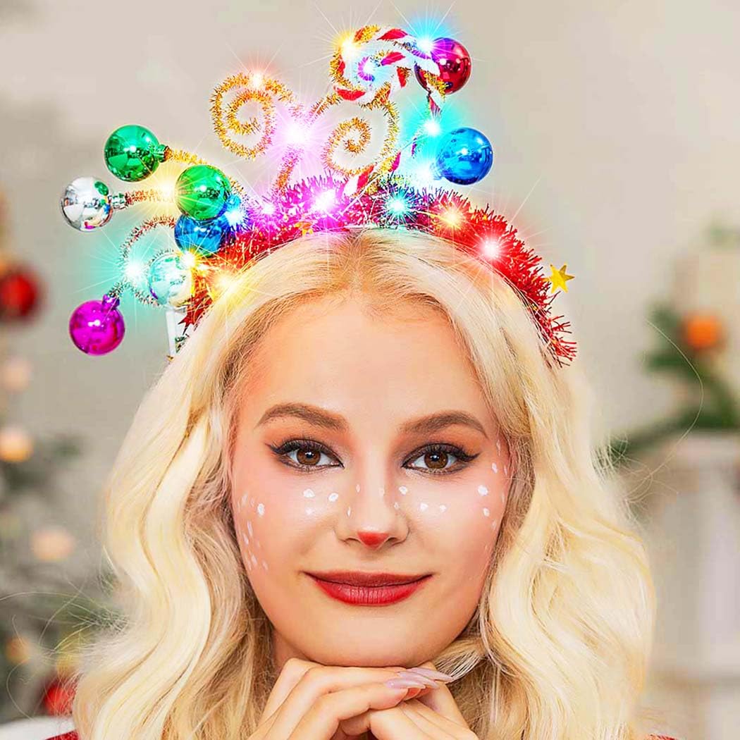 GORTIN light-up Christmas ball headband with colorful ornaments for festive party flair.